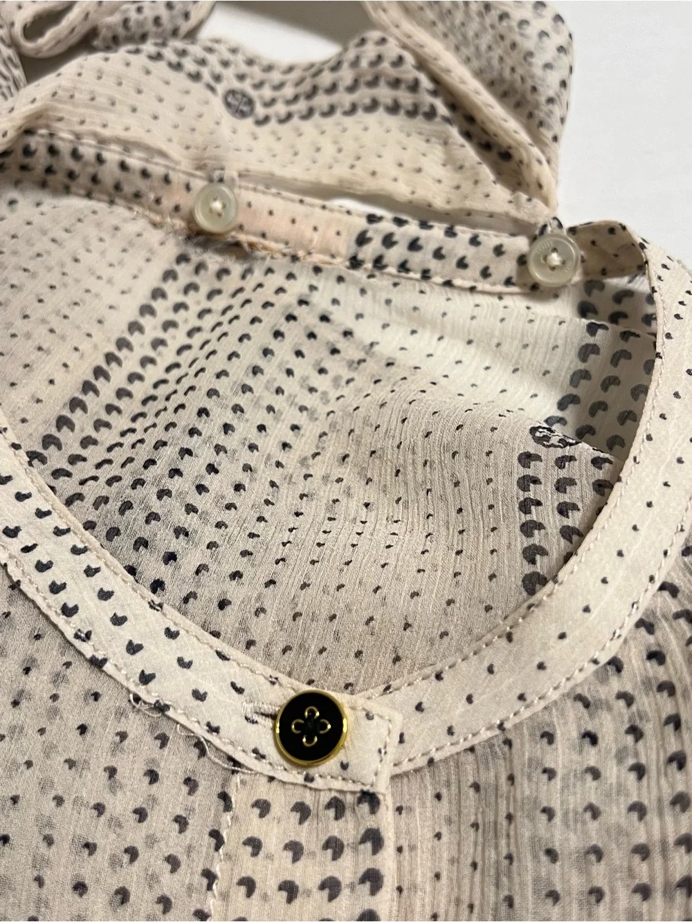 Tory Burch Cream Sheer Bow-Neck Blouse with Black Dot Stripe Logo on Buttons - Picture 12 of 13